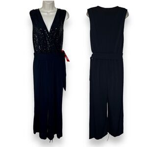 NWT Spense Sequin Jumpsuit Black Surplice Wrap Top Pull Up Tie Waist Women 6